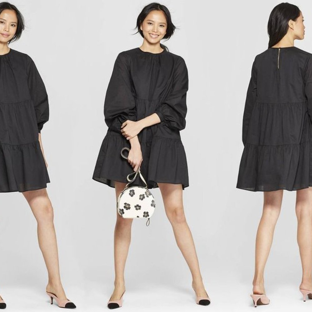 Who What Wear Target Black Tiered A-Line Dress Puff Sleeves Black Size XS